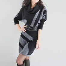 Free Shipping New Design Autumn Winter Ladies Fashion Batwing Sleeve Sweater Dress Turtleneck Plus Size Stripes Knitted Dress