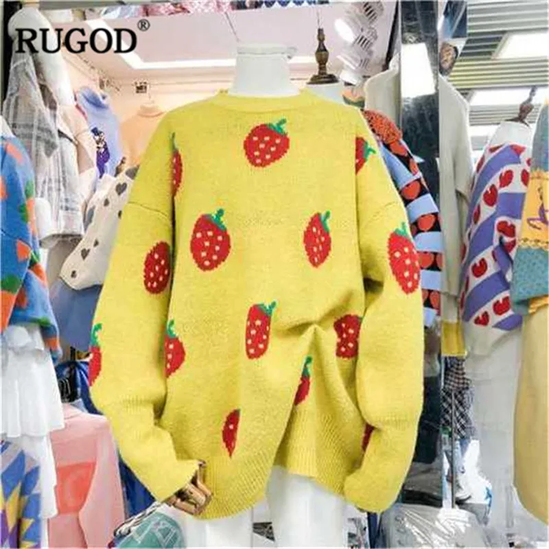 Женский вязаный свитер RUGOD Kawaii с принтом клубники элегантный Свободный пуловер