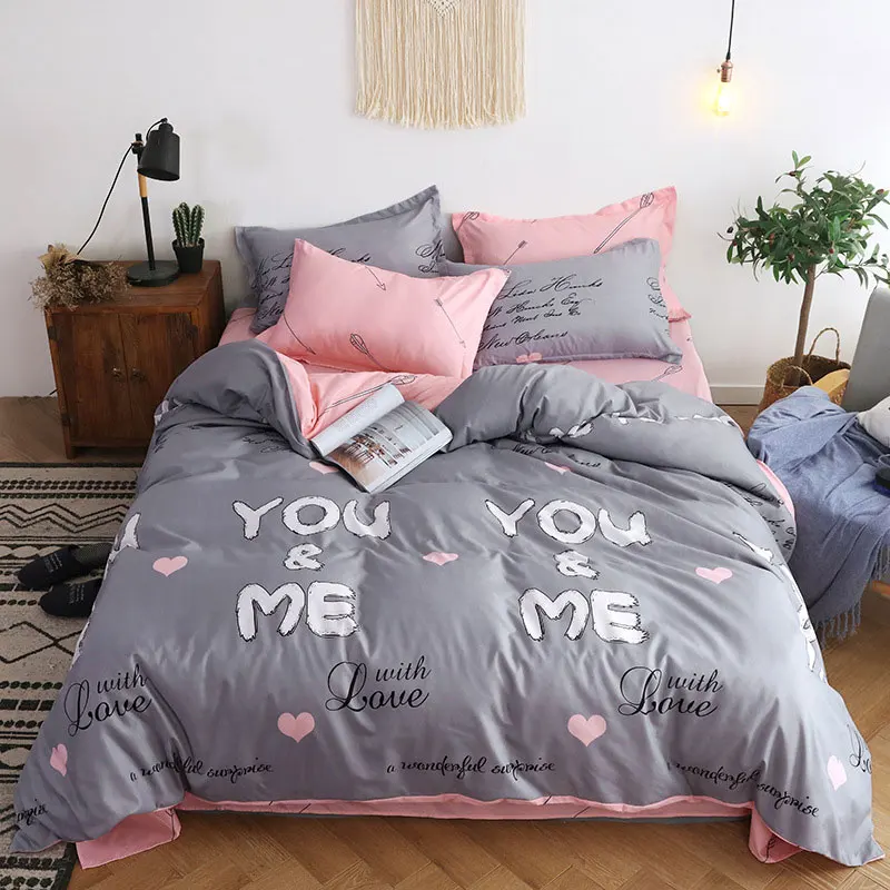 Gray Pink 4pcs Girl Boy Kid Bed Cover Set Duvet Cover Adult Child