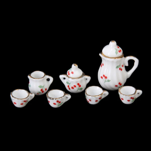 15pcs Dollhouse Miniature Dining Ware Porcelain Tea Set Dish Cup Red Cherry
