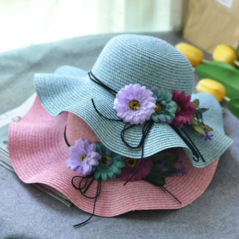 Женская летняя пляжная соломенная шляпа от солнца для мамы и дочки с широкими полями, широкополая шляпа от солнца, цветные искусственные цветы