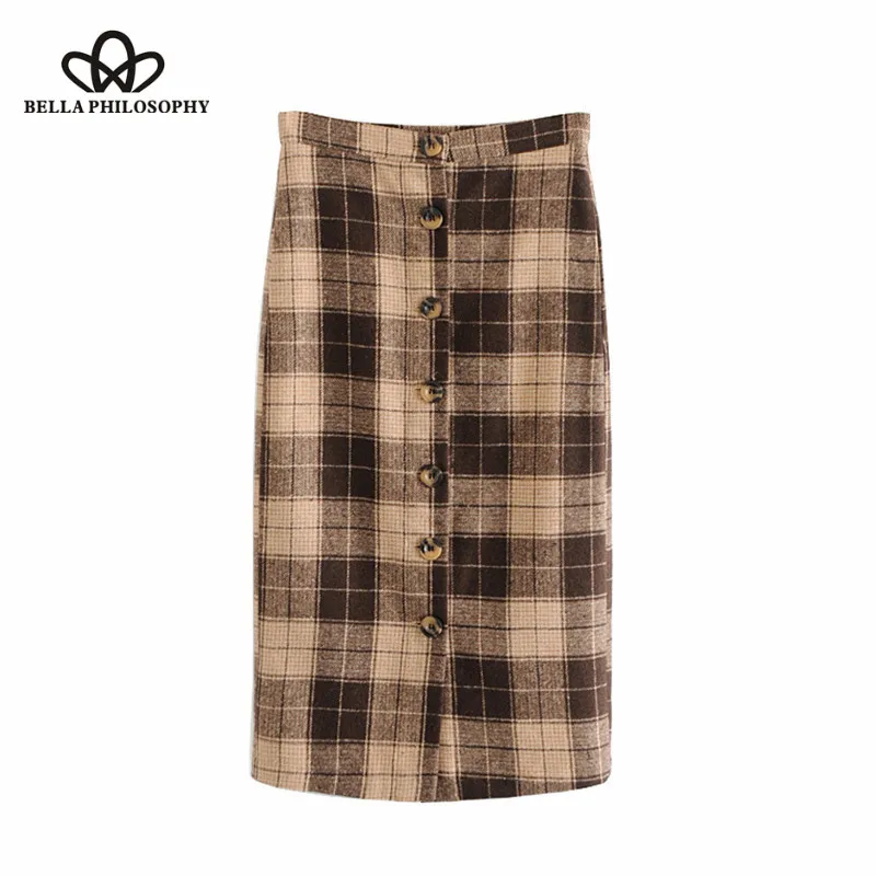 Wonder 2018 new autumn Vintage Elegant Buttons Plaid Midi Pencil Skirt Side Pockets Streetwear Ladies Skirts Casual Faldas Mujer