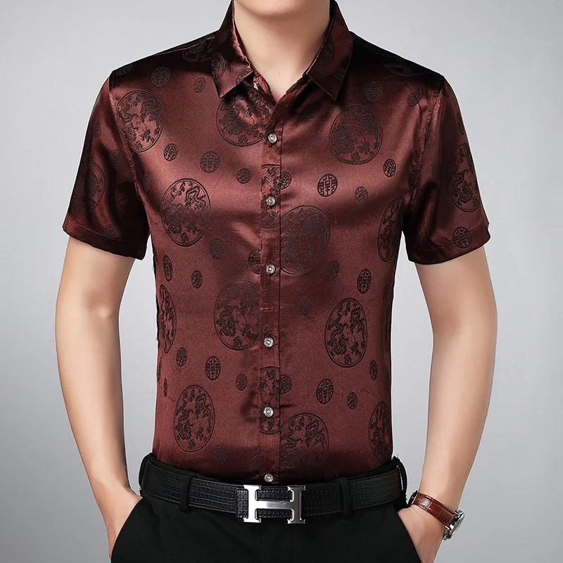 Men's summer fashion pattern satin silk shirts male casual silk clothes ...