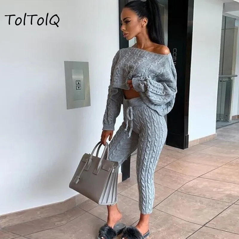 TolTolQ новые мягкие удобные брюки Женские однотонные трикотажные брюки повседневное вязаное свободное брюки костюм с длинными рукавами свитер
