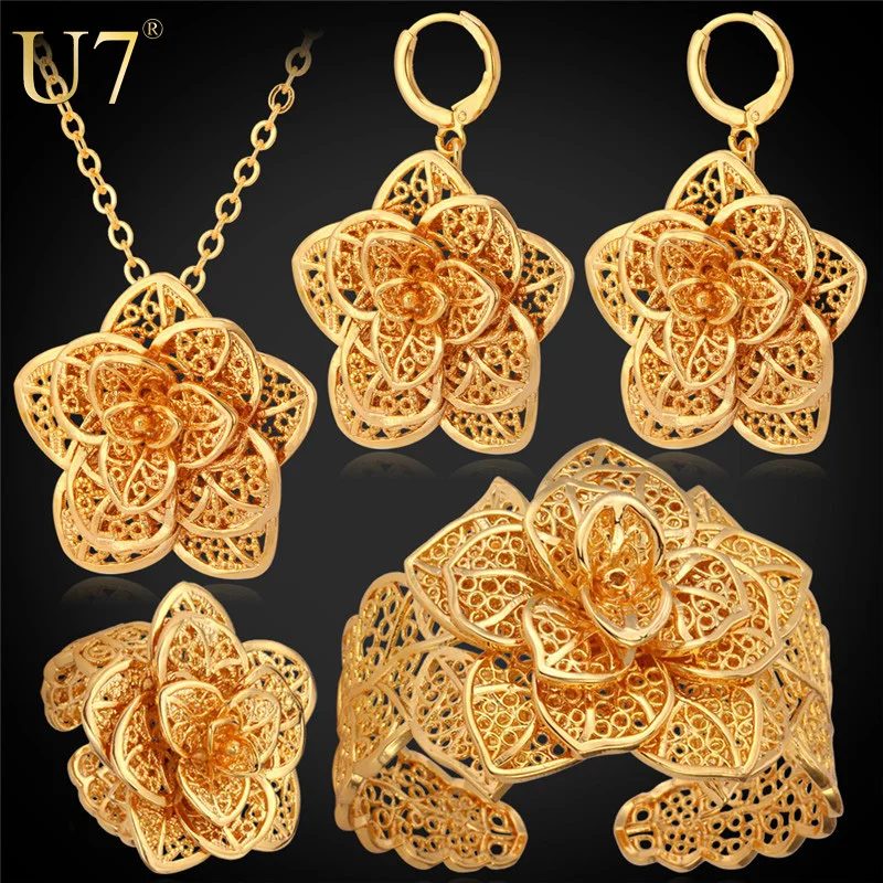 Aliexpress.com : Buy U7 Vintage Big Flower Jewelry Sets Gold Color Necklace Cuff Bracelet