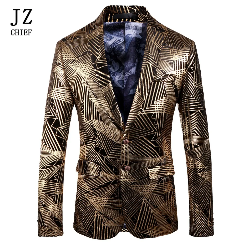 

JZ CHIEF England Style Men Stage Blazer Printed Gold Irregular Stripes Velvet Blazer Jacket Casual Slim Suit Jacket Plus Size 5X