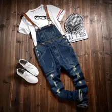 Японский Стиль Slim Fit Джинсовые Комбинезоны с Нагрудниками Брюки Для Мужчин весенние 2016 Мужские Разорвал Джинсы Жан Комбинезон Промытые Синий Долго брюки