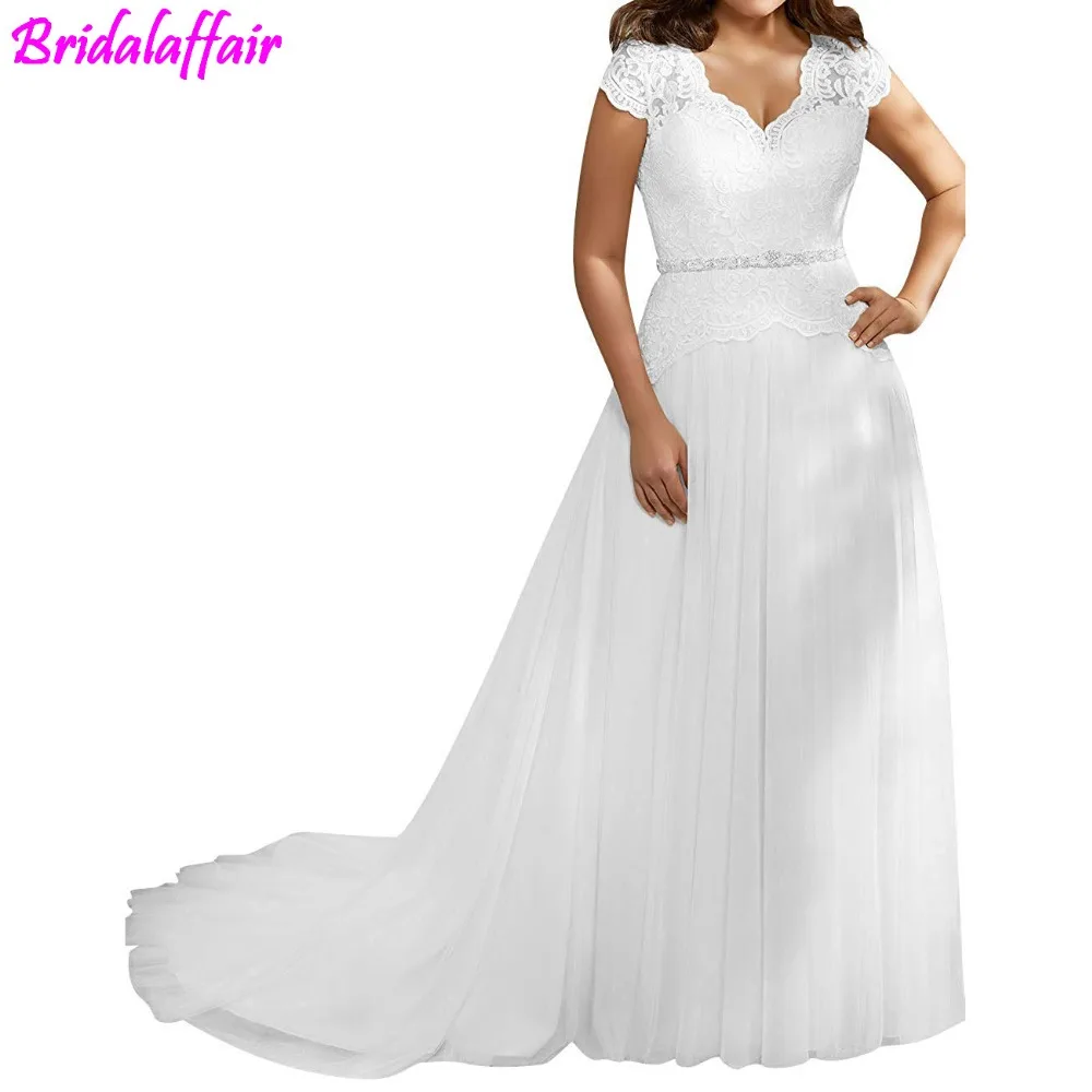 

Wedding Dress Luxury Plus Size Lace Bride Dresses Cap Sleeves Tulle Bridal Gown With Crystal Sash vestido de noiva Bride Dress