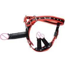 Женские сексуальные три фаллоимитатора PU кожаные трусы двойной ремешок для Дилдо Вибратор для лесбиянок вибрирующий ремешок Ons Пенис жгут для мужчин