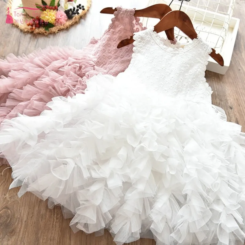 New Flower Girl Dresses Tiered Pink Girl Beauty Pageant Party Dress White Communion Dress For Kids JQ205