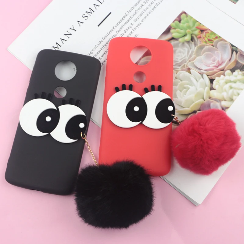 

3D Cartoon Hard Big Eyes Case For Moto E5 Play Rabbit Fur Fluffy Ball Fuzzy Case For Motorola E5 Play E 5 Play Soft TPU Cover