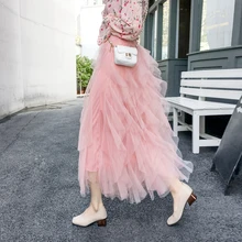 Модная юбка-пачка из тюля, Женская длинная юбка макси, весна, Корейская черная розовая плиссированная юбка с высокой талией для женщин