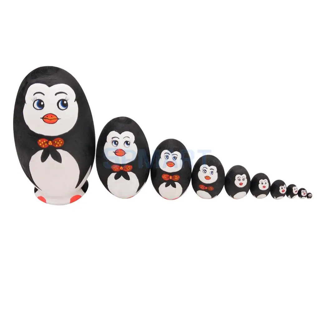 10 Pieces Penguin Russian Nesting Dolls Wooden Babushka Matryoshka Dolls Toy Christmas Gift Home Display Decor