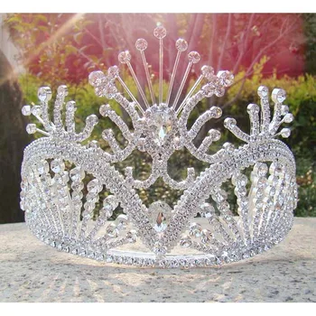 

Free shipping large custom tiara tall pageant Queen tiara Rhinestone bridal tiara silver party girl's decoration crown tiara