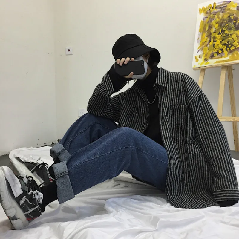 2018 New Style Men's Black And White Striped Printing Coats Long Sleeves Shirts Thickened Wool Loose Jacket Plus Size M-XL