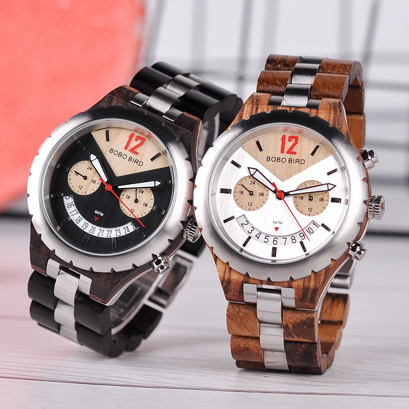 BOBO BIRD Watch Men Luxury Metal Wood Watches Stainless Steel With Date Display Multiple Color Timepiece relogio masculino
