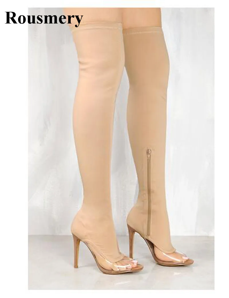 2017 New Fashion Women Open Toe Bandage PVC Patchwork Over Knee Boots