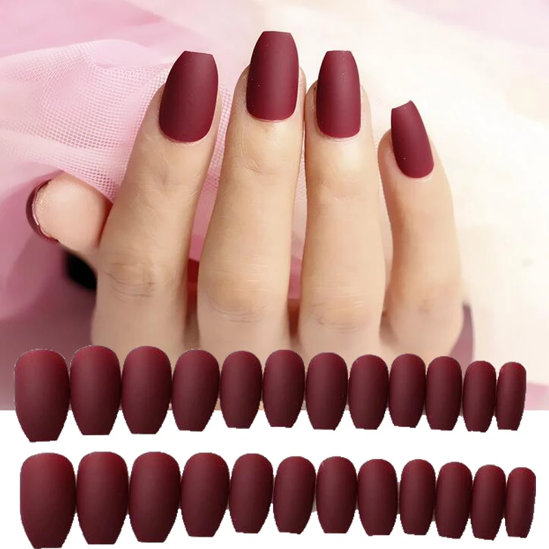 24pcs Set Fake Nails Tips Matte Short Ballerina Press On Nails Full Cover Wine Red Artificial Coffin False Nail Extensions Tools Aliexpress Beauty Health
