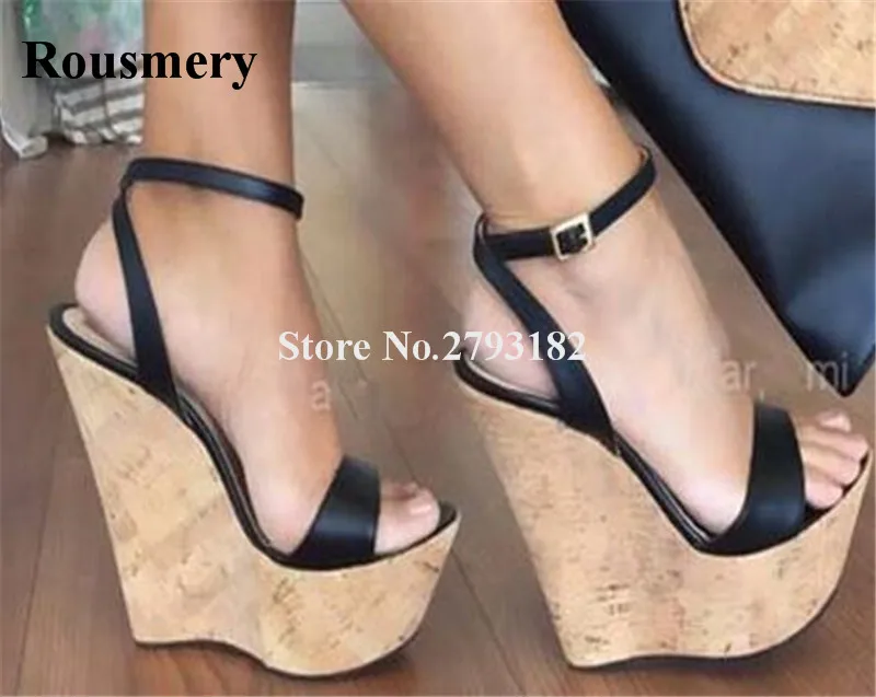 

Women Summer New Fashion Open Toe Black Brown High Platform Wedge Sandals Big Size Ankle Strap Super High Wedge Sandals Size 45