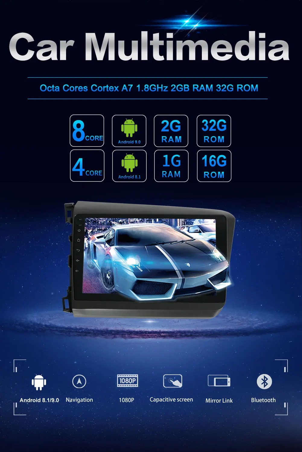 Cheap Car Multimedia Player Android 9.0 Fit For Honda civic 2012-2015 2din car radio gps navigation Bluetooth OBD DAB 4G Wifi SWC Map 32