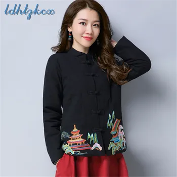 

Print Embroidery Long-sleeved Cotton and Linen Coat Female 2018 Autumn-winter Fashion Retro Slim Black Short Warmth Parkas CX197