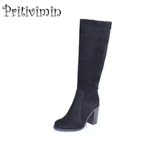 2017 new woman high heel knee high boots female winter warm real fur lined shoes ladies suede leather footwear Pritivimin FN64