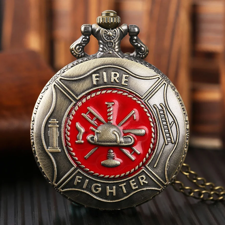 Pocket Watch Fire Fighter Red Pattern Full Hunter Bronze Quartz Watches Antique Unique Firefighter Men Women Gift With Bag 2017 (1)