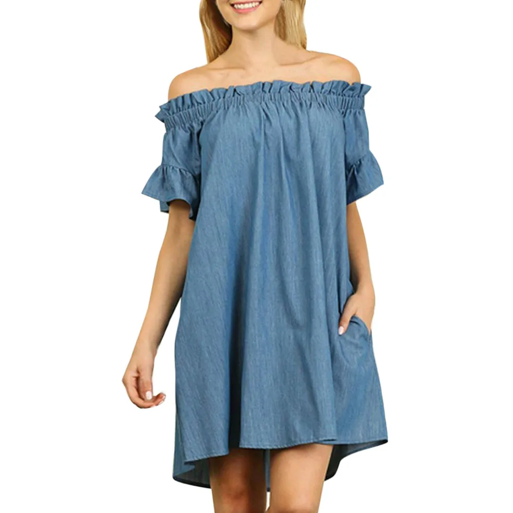 Женское мини-платье большого размера с открытыми плечами, летнее пляжное сексуальное джинсовое платье-рубашка с открытыми плечами, Повседневный Сарафан, женское платье - Цвет: Light blue