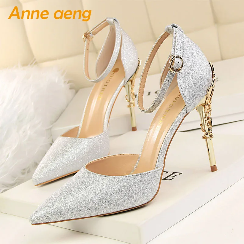 

2019 New Summer Women Sandals High Thin Heel Buckle Cover Heel Sexy Ladies Bling Bridal Wedding Women Shoes Silver High Heels