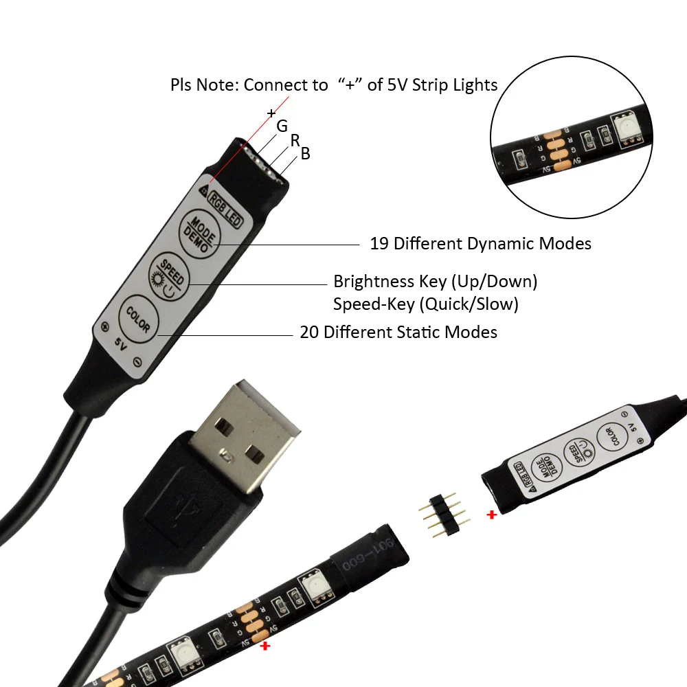 USB RGB LED Controller 5V DC Mini 3 Keys with 1M USB Cable for 5V RGB