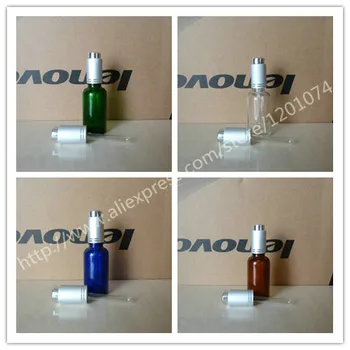 

30ml brown/clear/blue/green shiny Glass Essential Oil Bottle With aluminum matte silver press dropper cap.Oil vial
