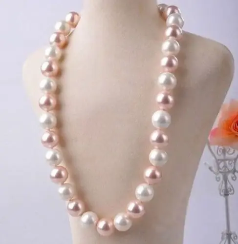

14MM pink white south sea shell pearl necklace 23"@^Noble style Natural Fine jewe FREE SHIPPING