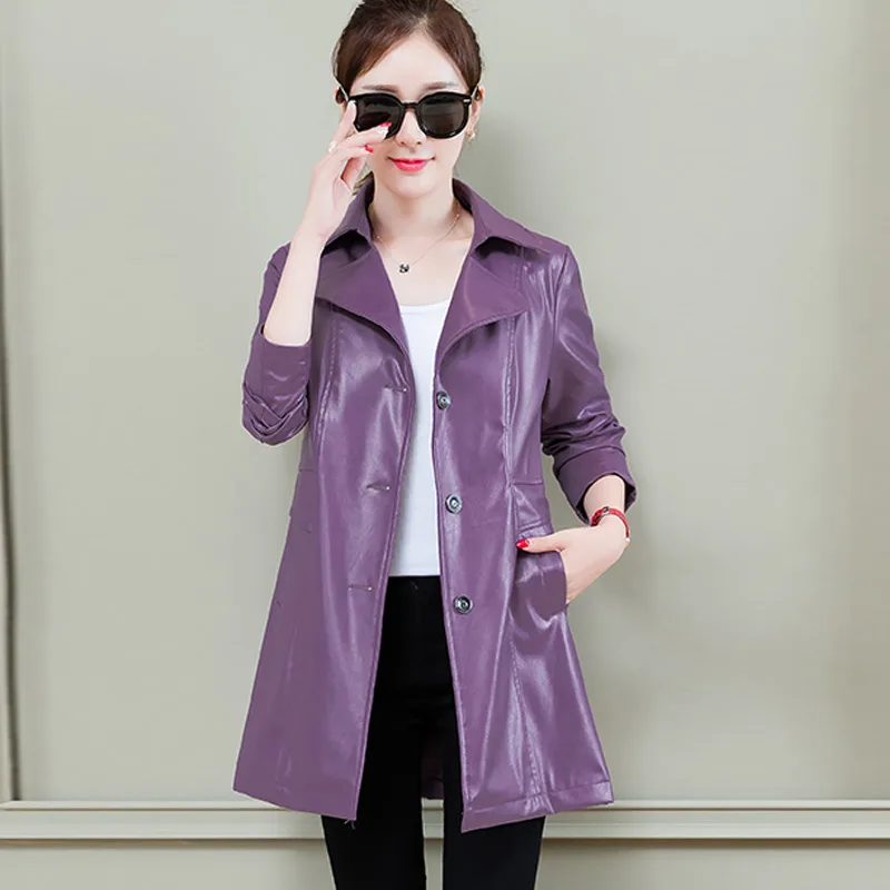 Fashion Long PU jacket women winter casual Leather coat