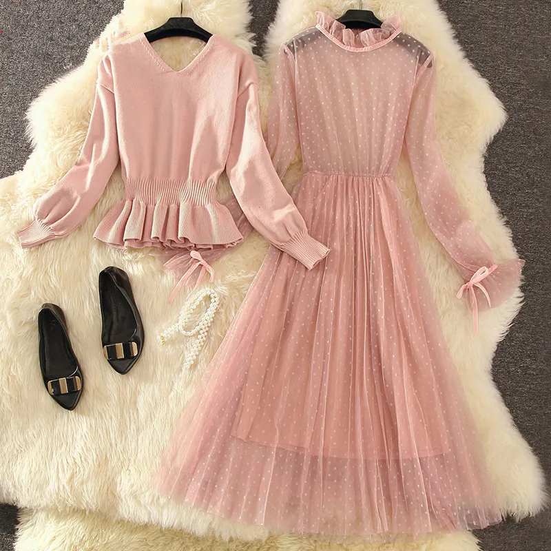 Two Piece Set Women Spring Autumn Dress 2020 Sweater Tops Korean Vintage Mesh black Elegant Ladies Dresses Vestidos MY2367 |