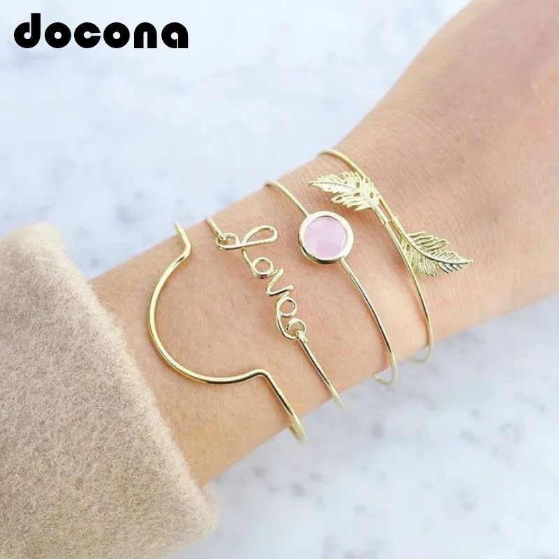 

docona Gold Color Letter Leaves Red Crystal Charms Bracelet Bangle Set for Women Geometric Opening Bracelet Pulseiras 5808