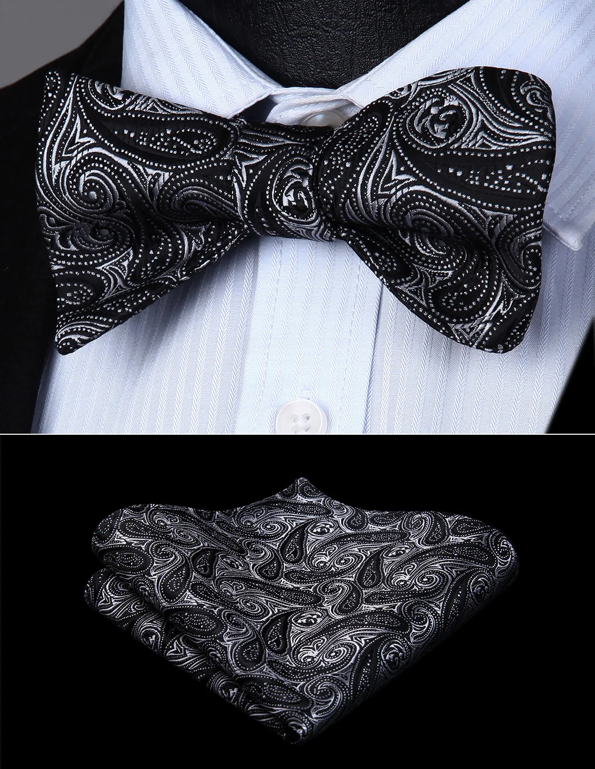 Men Woven Party Wedding Silver Black Paisley Self Bow Tie Butterfly
