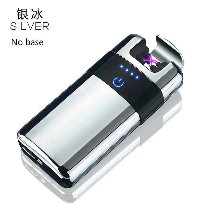 Креативная Беспроводная зарядная двойная дуговая зажигалка, сенсорный электрический USB Зажигалка, металлическая перезаряжаемая дуговая плазменная Зажигалка sigara - Цвет: silver No base