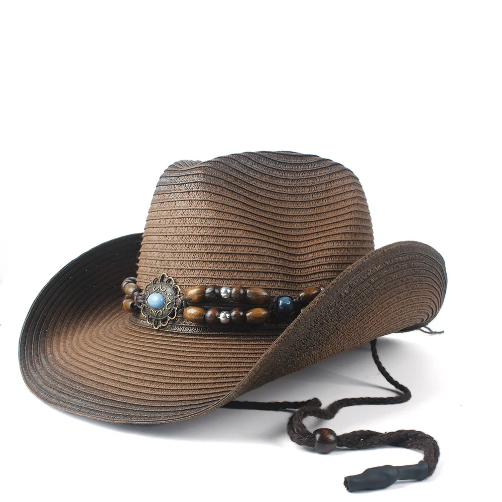 Летняя женская и мужская соломенная открытая западная ковбойская шляпа для джентльмена ковбойская джазовая церковная Кепка папы сомбреро пляжная Солнцезащитная шляпа - Цвет: Dark Coffee