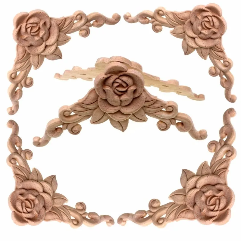 Ornament Crafts Resin Crafts Wooden Figurine Crafts Glass Fruit Pendants RUNBAZEF SRose Floral Wood Carved Decal Corner Applique Decorate Frame Wooden Figurines Cabinet Decorative Crafts