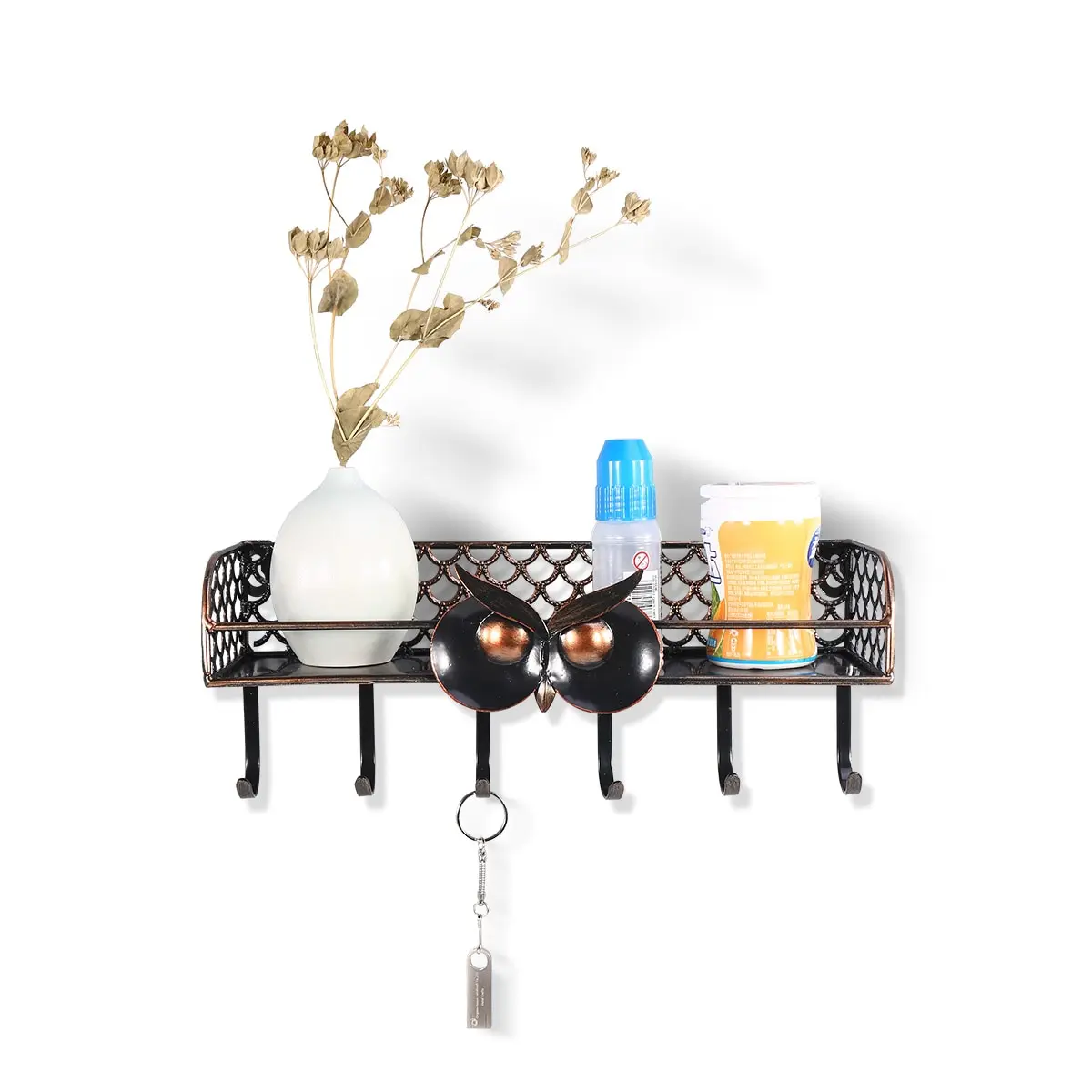 

Multifunctional Wall Hook Mount Owl Spice Shelf with Hooks Iron Spice Rack For Key Coats Bags Holder Kitchen Storage Organizer
