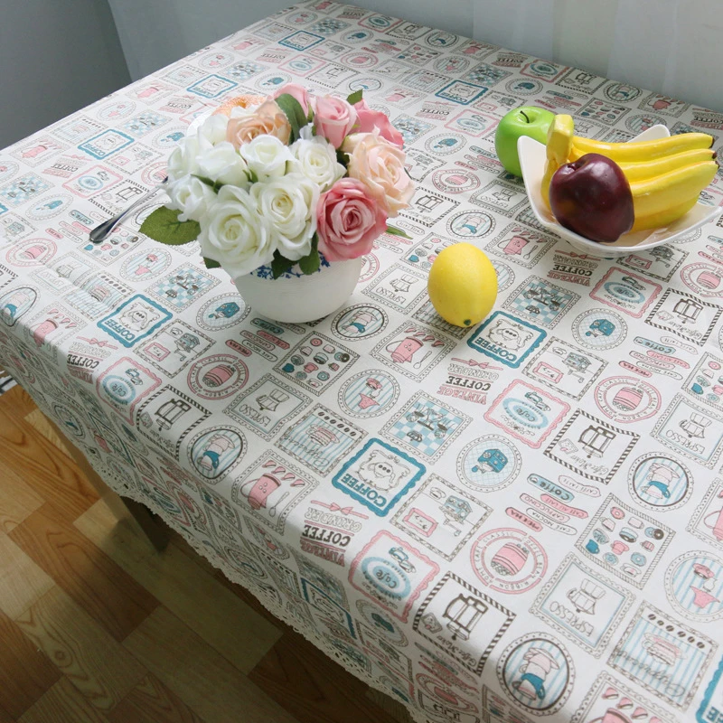 Retro Blue and White Table Cloth with Lace Cotton Print Chinese Style