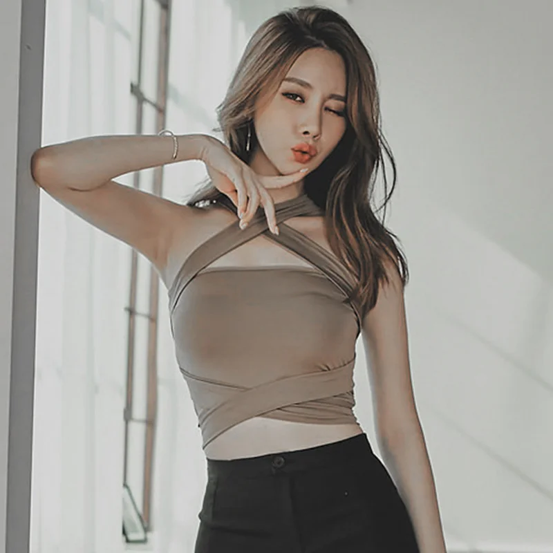 

KKILLERO Women Summer Sexy Criss Cross Halter Bandage Crop Top Tank Cut Out Bustier Cami