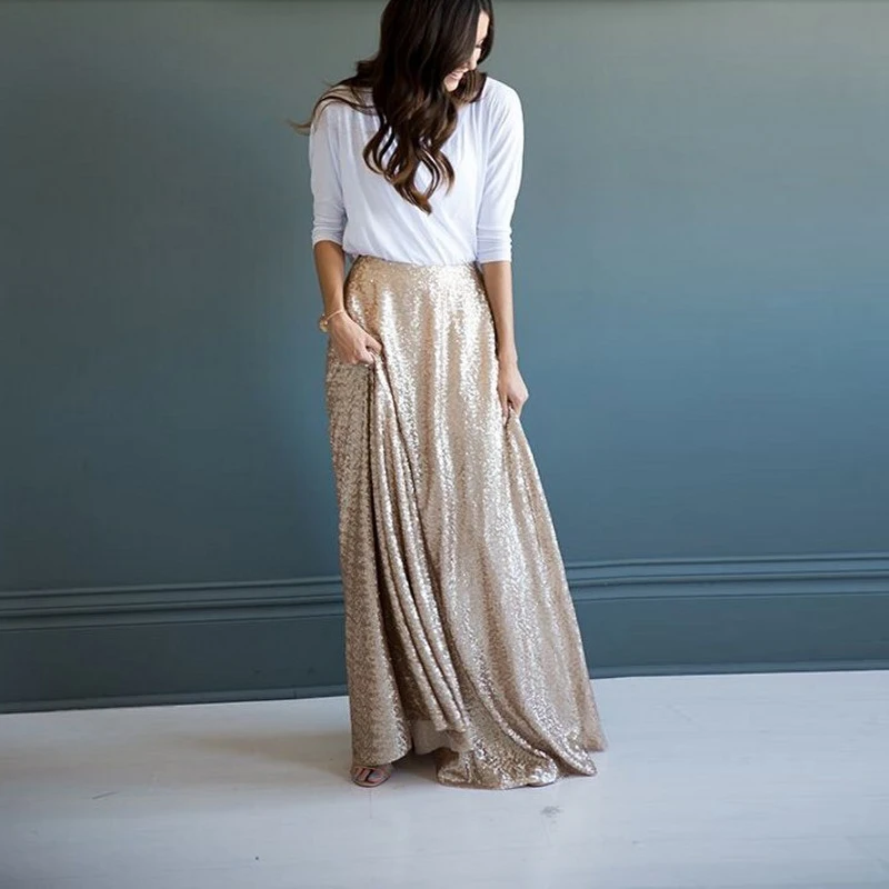 

Fashion Style Skirt Women Long Sequins Skirts Champagne Floor Length Skirt Free Shipping Faldas Maxi Skirts