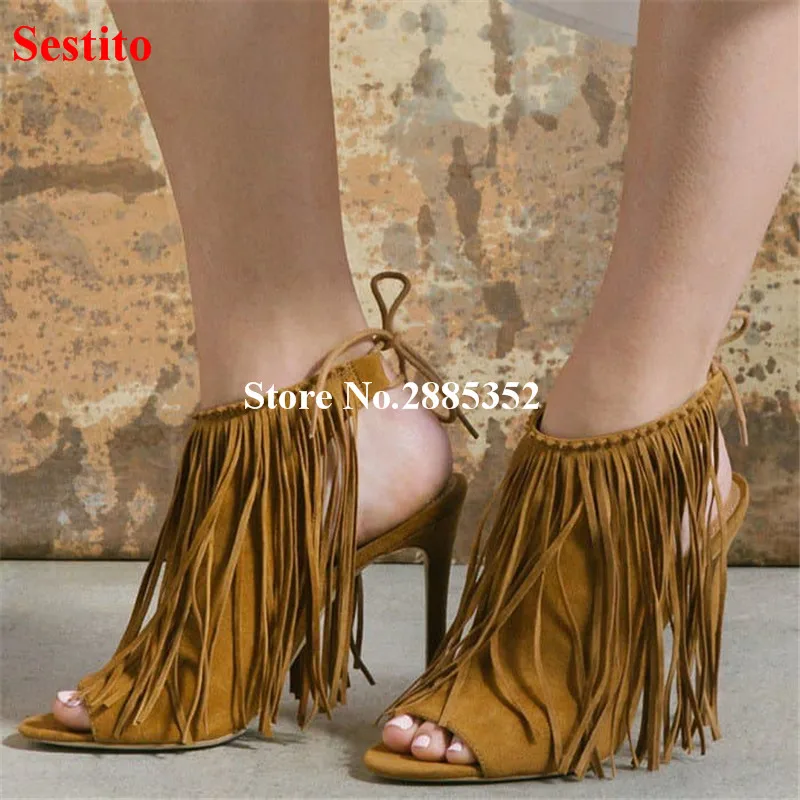 Promotion Sexy Women Sandals Fringe Lace Up Solid Stiletto Heels Peep Toe Slingback Yellow Black Dress Party Shoes | Обувь