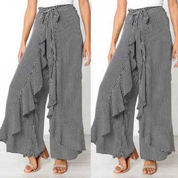 

Women Fashion Casual Holiday Striped Wide Leg Loose Ruffle Fitting Elastic Waist Long Pants Beach