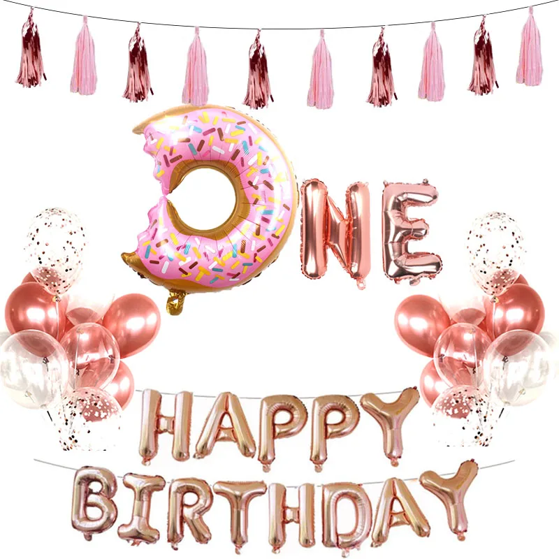 

rose gold latex dount foil balloons 1st. birthday letter party decorations kids globos heart tassels child Shower Favors