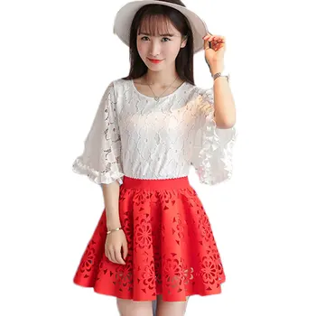 

Women Summer White Top And Pleated Skirt Fashion Clothing Set Hollow Out Sweet Fleabane Bust Skirt Two-Pieces Vestidos New