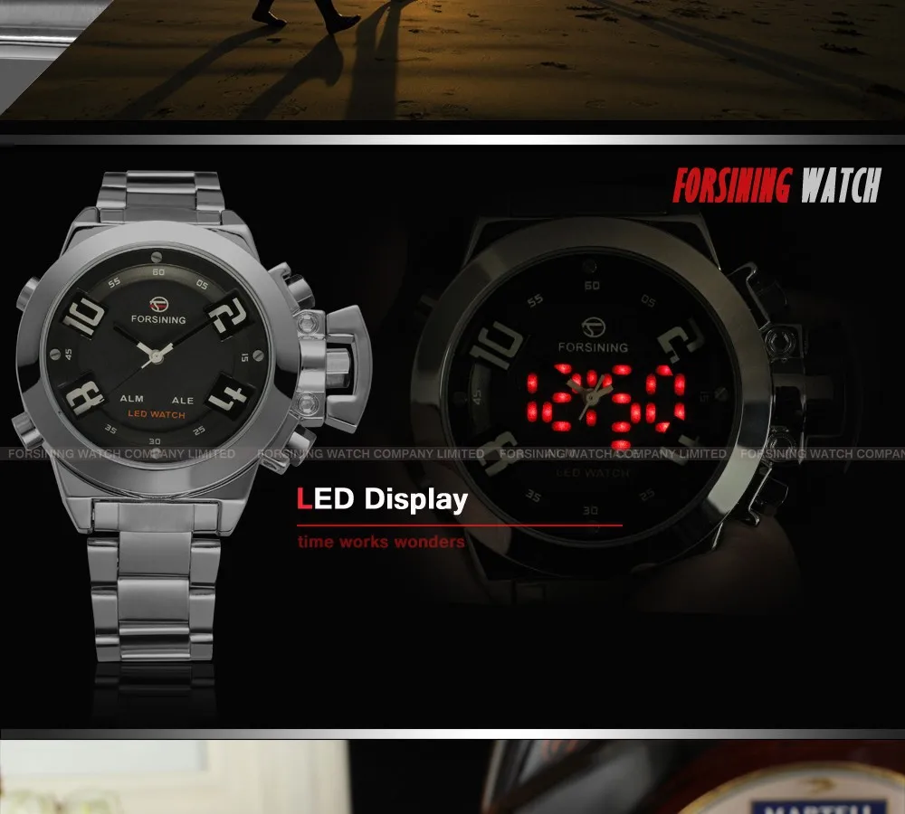 Новинка! Relogio masculino Forsining FSG8093Q4S2 кварцевые аналого-цифровые светодиодный дисплей часы для мужчин с серебряным браслетом