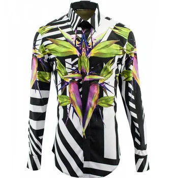 

Paradise Bird Bamboo Pattern Shirts Men Slim Body Cotton Stripe Shirt Personality Basic Shirts M-4XL Casual Breathable Clothing