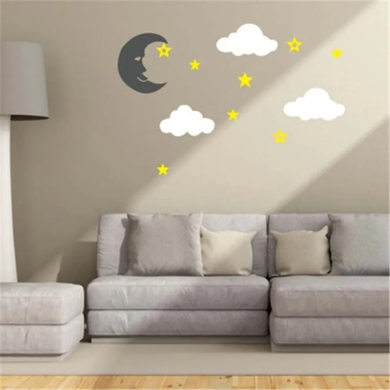 Cartoon Moon Clouds Stars Wall Stickers Baby Nursery Kids Room Moon Star Cloud Wall Art Decal